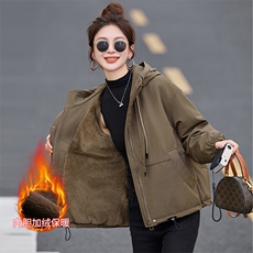 现货！现货！加绒保暖派克服外套女2025冬季新款宽松休闲连帽棉服，女装棉衣/棉服，以桐