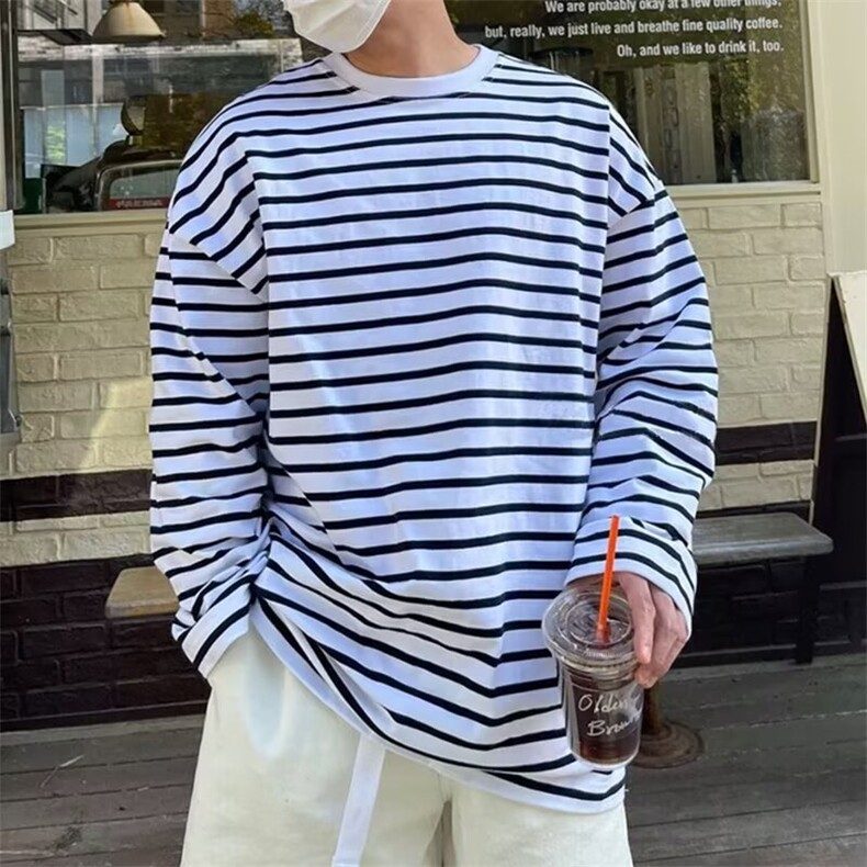 条纹上衣男士长袖t恤春夏季百搭休闲衣服男生潮流圆领修身打底衫,男装T恤,星座506A