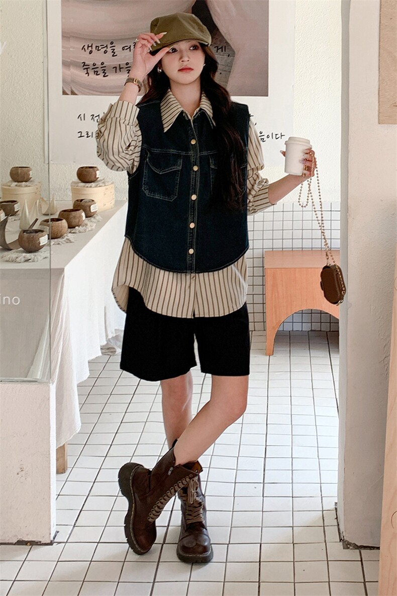 复古牛仔马甲套装女2025年春季新款小个子宽松休闲条纹衬衫两件套,女装套装/套裙,2C261