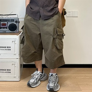 夏季日系复古水洗棉多口袋工装七分裤男女纯色宽松直筒过膝短裤潮图片