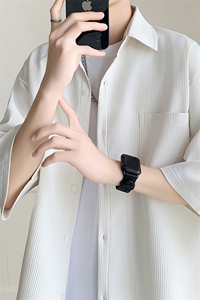 美式潮牌男士短袖衬衫夏季薄款设计小众条纹翻领衬衣大码宽松寸衫图片