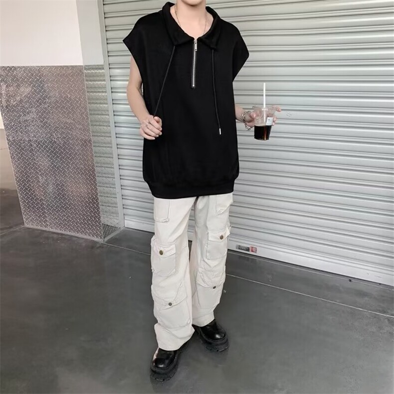 宽肩背心男夏季薄款美式高街半拉链立领无袖 JT11 P35图片