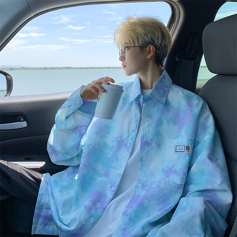 XZ-230-1CS231秋新款青春活力简约风水墨扎染休闲长袖衬衫P50控68，男装衬衫，星座230-1