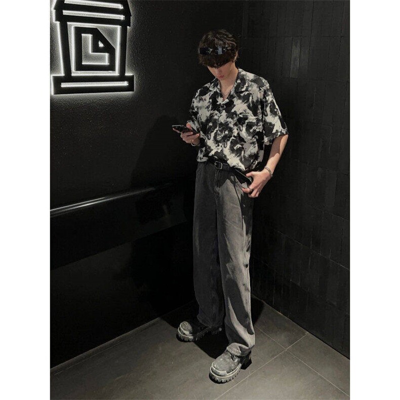 vintage巴洛克雅痞风花衬衫男美式短袖外套夏季衬衣WLCS10-P30,男装衬衫,星座1008