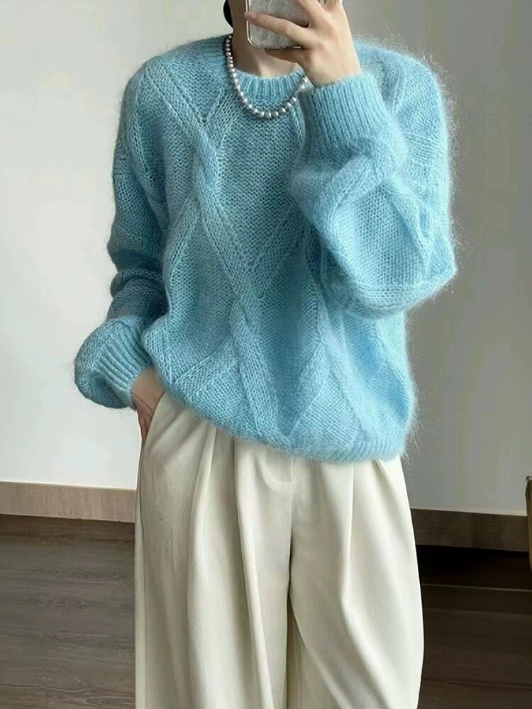 甜美风~圆领衫女针织毛衣秋冬高级感羊毛慵懒风宽松打底衫ins，女装羊毛衫，恩泰羊绒