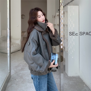 秋冬加厚女PU立领机车服羊羔毛仿皮毛一体环保皮草外套2025新款潮图片