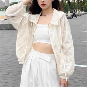夏季新款韩版洋气连帽镂空防晒衣图片