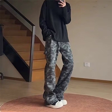 牛仔裤男春秋季美式复古宽松直筒裤痞帅青少年炸街裤子迷彩阔腿，男装牛仔裤，星座506A