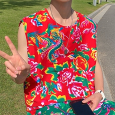 夏季大码东北大花布男背心坎肩运动马甲男装风民族牡丹花MJ01，男装背心/马甲，星座115A(原星座507）