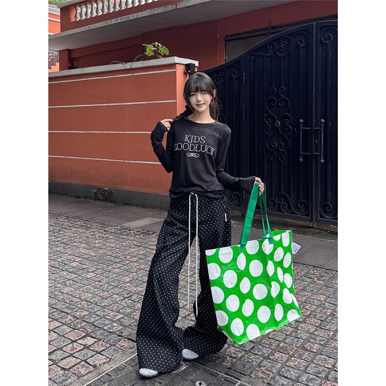 抽绳波点牛仔裤女宽松直筒裤子美式阔腿裤休闲拖地裤LNK0077-P50,男装牛仔裤,星座1008