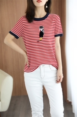 小女孩丝光棉条纹刺绣短袖t恤夏季全棉女纯棉针织衫上衣薄款体恤，女装T恤，暖烁羊绒