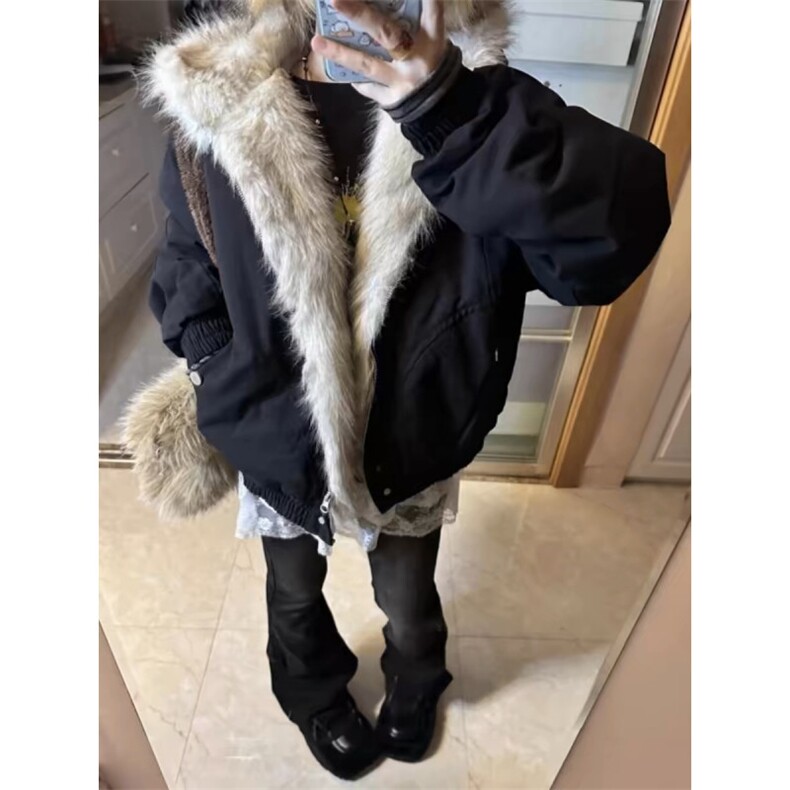 美式cleanfit毛茸茸座山雕连帽夹克棉服男女冬季加厚短款工装外套，男装夹克，四季星座505