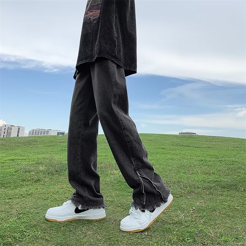 黑灰色毛边牛仔裤男vibe裤子高街美式复古拉链微喇裤GN2803-P45,男装牛仔裤,星座1001-1
