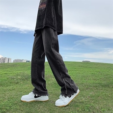 黑灰色毛边牛仔裤男vibe裤子高街美式复古拉链微喇裤GN2803-P45，男装牛仔裤，星座1001-1