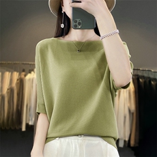 夏季高级感冰丝蝙蝠衫女2025宽松显瘦一字领半袖T恤上衣垂感小衫，女装T恤，丽特绒