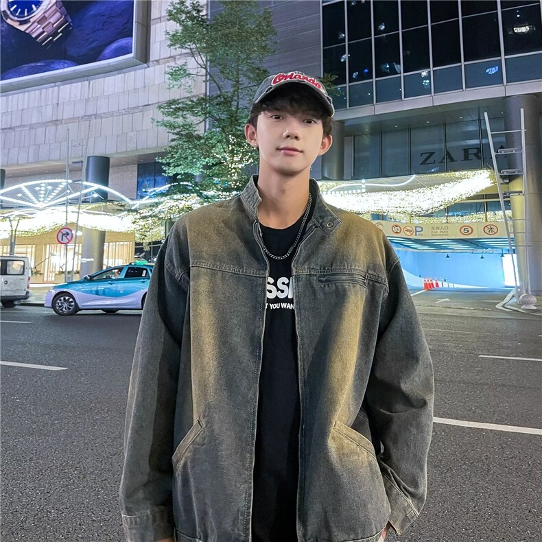 美式复古vibe牛仔外套秋季潮牌宽松水洗做旧上衣痞帅立领夹克男款图片