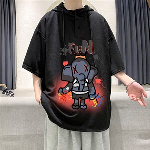 LD54221-P45 连帽短袖t恤男大码胖子带帽五分袖中袖 大皂风图片
