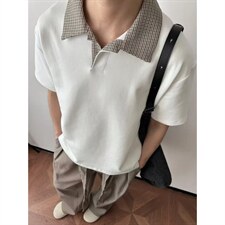 千鸟格拼接polo衫短袖男夏季老钱风复古正肩T恤重磅半袖TXT65，男装T恤，星座516A