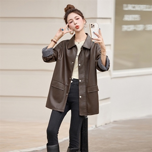 海宁拼接条纹PU皮外套女2025春秋季洋气翻领时尚显瘦显高皮衣上衣图片
