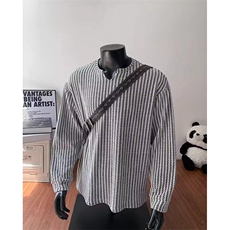 美式高街千鸟格子长袖T恤男女亨利V领英伦雅痞休闲宽松长袖打底衫，男装T恤，电商A443