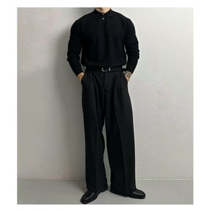 翻领针织Polo衫男士秋冬季韩系宽松慵懒风纯色套头长袖毛衣图片