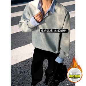 重磅加绒硬挺boxy男女美式高街假两件衬衫领长袖卫衣POLO领打底衫图片