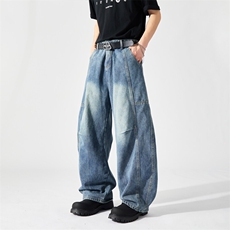 春季美式解构弯刀牛仔裤潮牌宽松休闲设计感直筒裤，男装牛仔裤，星座410-7