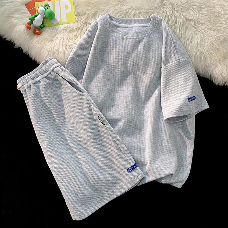 华夫格运动服套装男夏季宽松大码短袖短裤两件套可拆卖BT10P38,男装休闲套装,星座1116-2