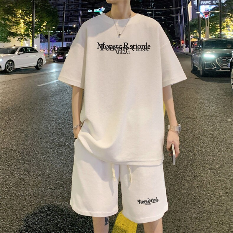 ！2025夏季新款男士印花华夫格短袖套装学生一套HTZ121P50图片