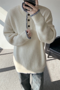 秋冬氛围感慵懒毛衣大码亨利领套头羊毛衫纽扣针织衫外套LM801P55图片