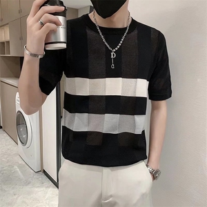 男士新款圆领韩版修身薄款冰丝针织衫线衣缕空条纹T恤潮流男T3356图片