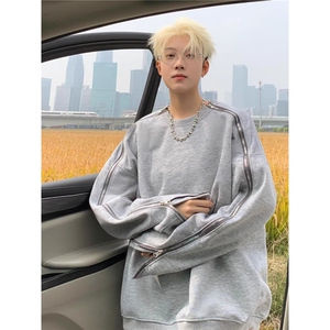 6785-P48 美式复古拉链卫衣秋季男潮牌cleanfit外套圆领重磅图片