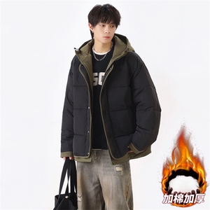 日系复古假两件连帽棉衣男冬季宽松情侣冬季棉服M0829-P103,潮流红色运动裤搭配图片图片