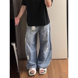 美式复古水洗多口袋弯刀牛仔裤男女街头潮牌宽松休闲阔腿拖地长裤图片