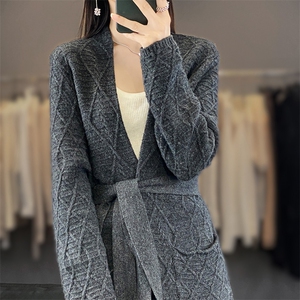 中长款100%纯羊毛开衫女V领重磅加厚腰带外套毛衣宽松羊绒衫上衣图片