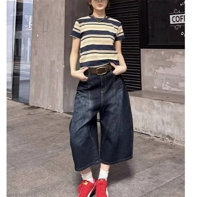 美式刺绣弯刀牛仔短裤女夏季设计感宽松阔腿七分裤子WLD8333-P46,男装牛仔裤,星座1008