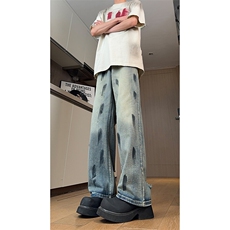 现货美式高街泼墨做旧牛仔裤男女复古刮烂破洞微喇裤K5915-P50，男装牛仔裤，星座205