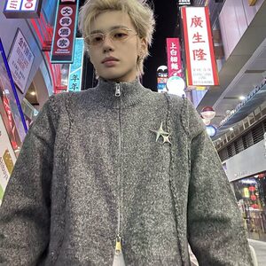 【有货】DM519-P58新款毛衣男鹿毛绒小众破洞高街立领开衫外套男图片
