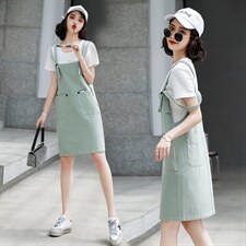 洋气背带裙套装女2023夏季新款女装时尚显瘦两件套连衣裙减龄套裙，女装套装/套裙，慧尚依恋