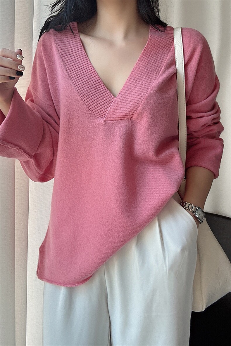 春季新款纯色V领羊毛衫女宽松针织显瘦打底套头衫毛衣,女装羊毛衫,臻纶羊绒