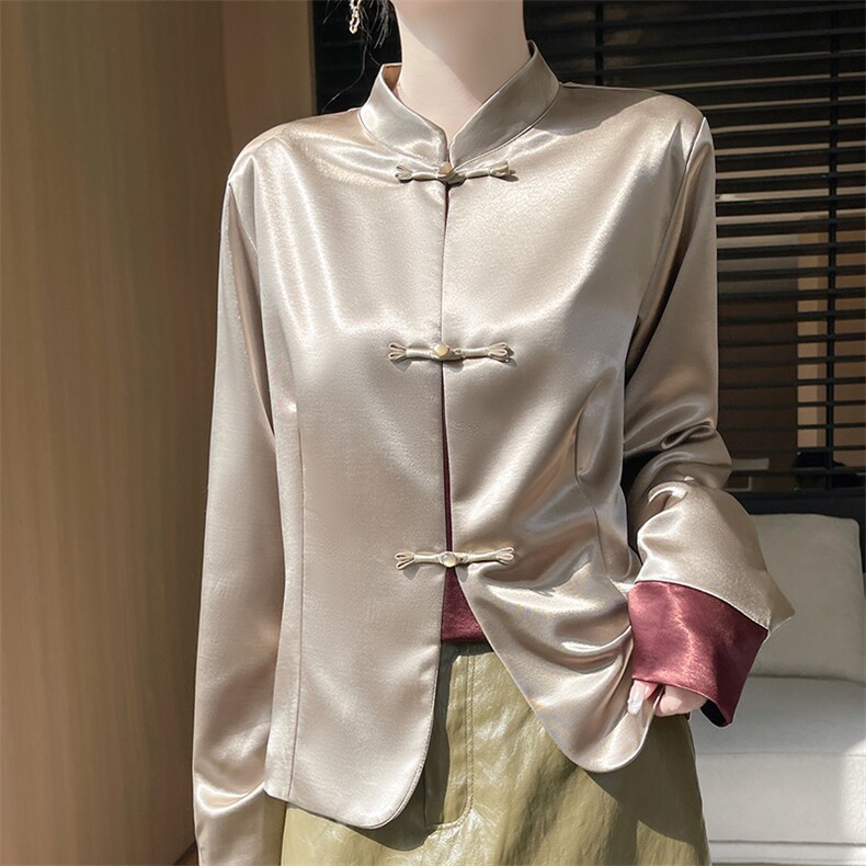 2025春季新款中式国风立领唐装休闲外套女洋气盘扣时尚缎面上衣新，女装短外套，圣丽羊绒