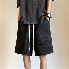 24美式重磅鹿皮绒钢印短裤夏季宽松大码五分裤KH111P48控68，男装牛仔裤，电商A341