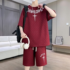 港风套装男宽松菠萝格满天星短袖T恤短裤痞帅套装TZ6626-P50，男装休闲套装，星座310B-3