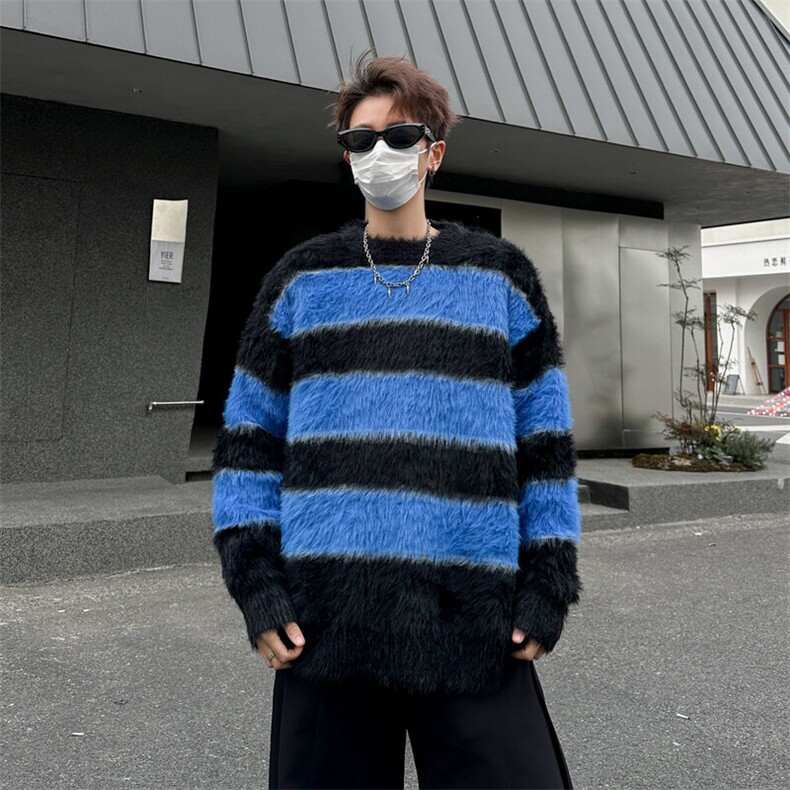水貂绒毛衣慵懒风男冬季加绒加厚美式条纹针织衫长袖MY046-P50,男装针织衫/毛衣,星座308B-1