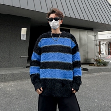 水貂绒毛衣慵懒风男冬季加绒加厚美式条纹针织衫长袖MY046-P50，男装针织衫/毛衣，星座308B-1