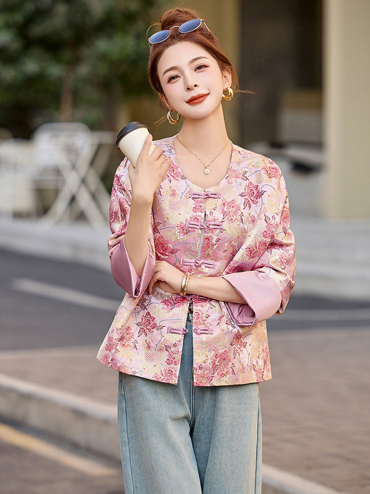 新中式印花盘扣短外套女2025春季新款撞色拼接袖气质超火唐装上衣,女装短外套,流量+
