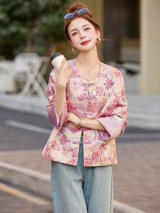 新中式印花盘扣短外套女2025春季新款撞色拼接袖气质超火唐装上衣图片