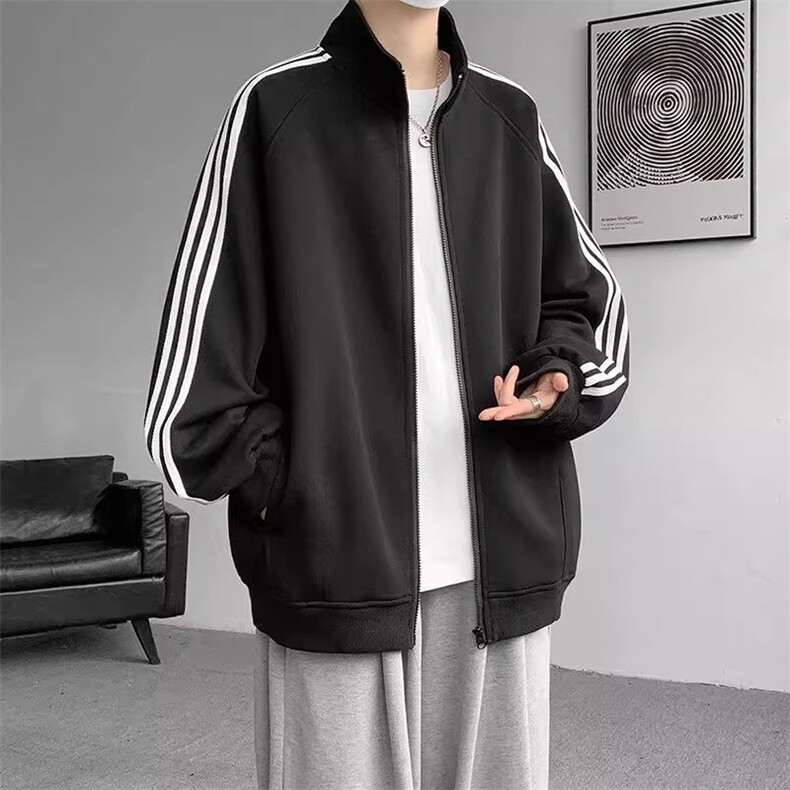 藏青色条纹开衫卫衣情侣ootd穿搭美式潮牌复古休闲立领拉链夹克秋,男装夹克,星座1013-1