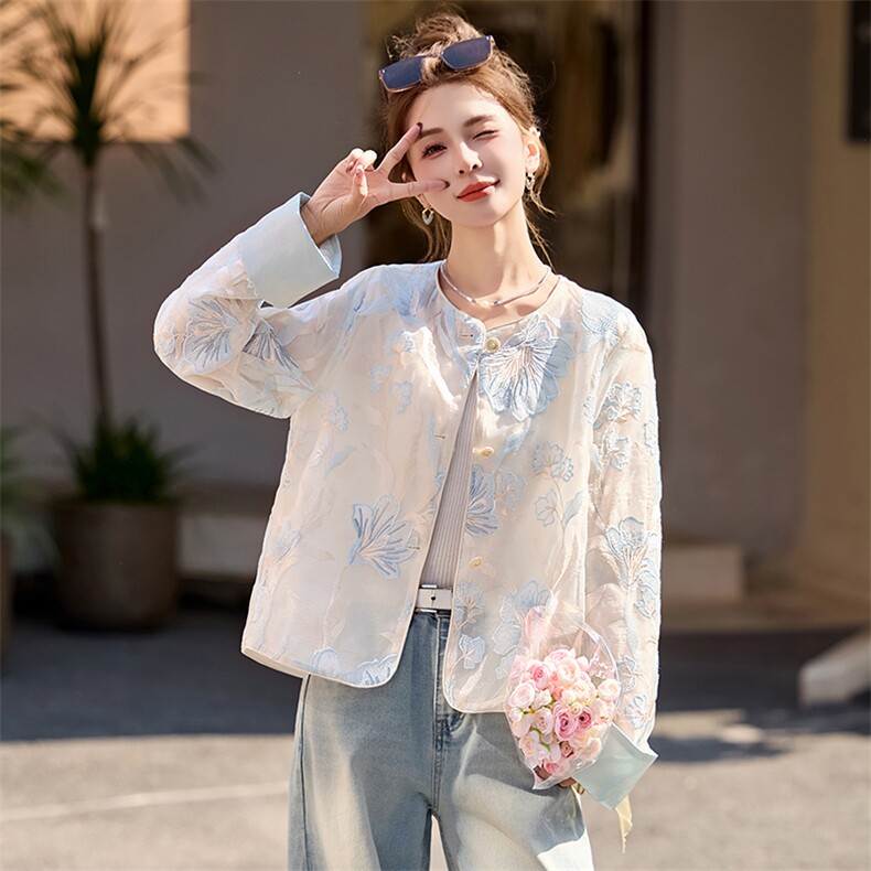 国风刺绣薄款防晒衣外套女2025春夏新款减龄休闲百搭圆领开衫上衣,女装短外套,韩宇舍