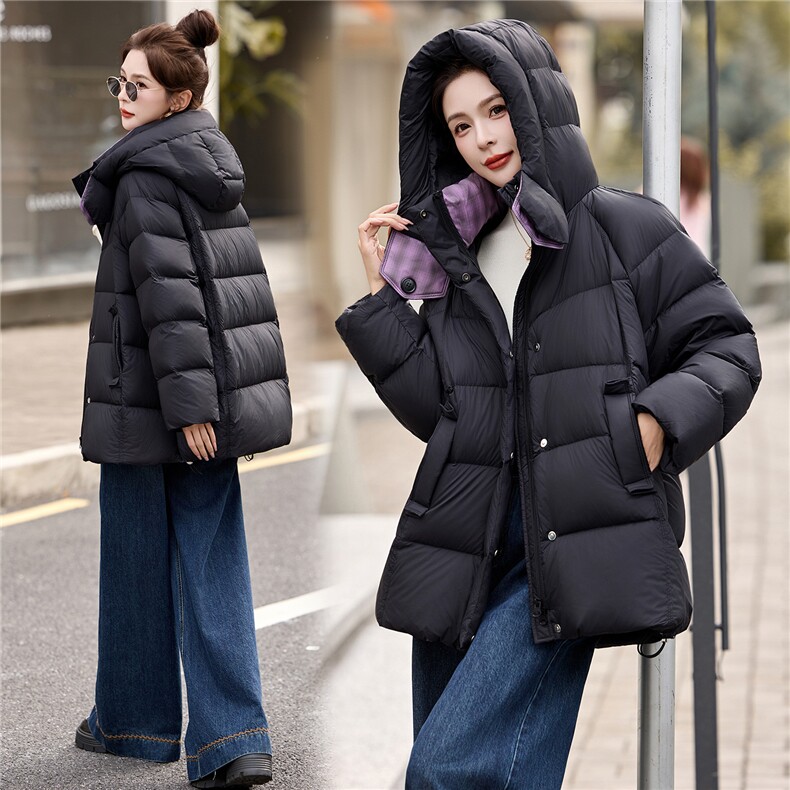 时尚撞色拼接90白鸭绒羽绒服2025冬季新款加厚连帽羽绒外套,女装羽绒服,沁沁公主